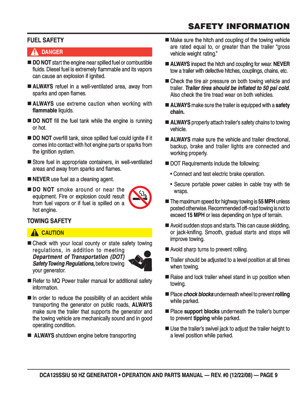Multiquip DCA125SSIU manual Fuel Safety, Towing Safety, Safety Information, Danger 