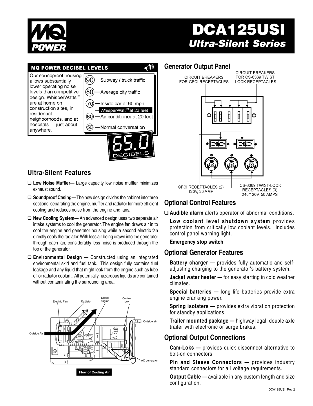 Multiquip DCA125USI Ultra-Silent Features, Generator Output Panel Optional Control Features, Optional Generator Features 