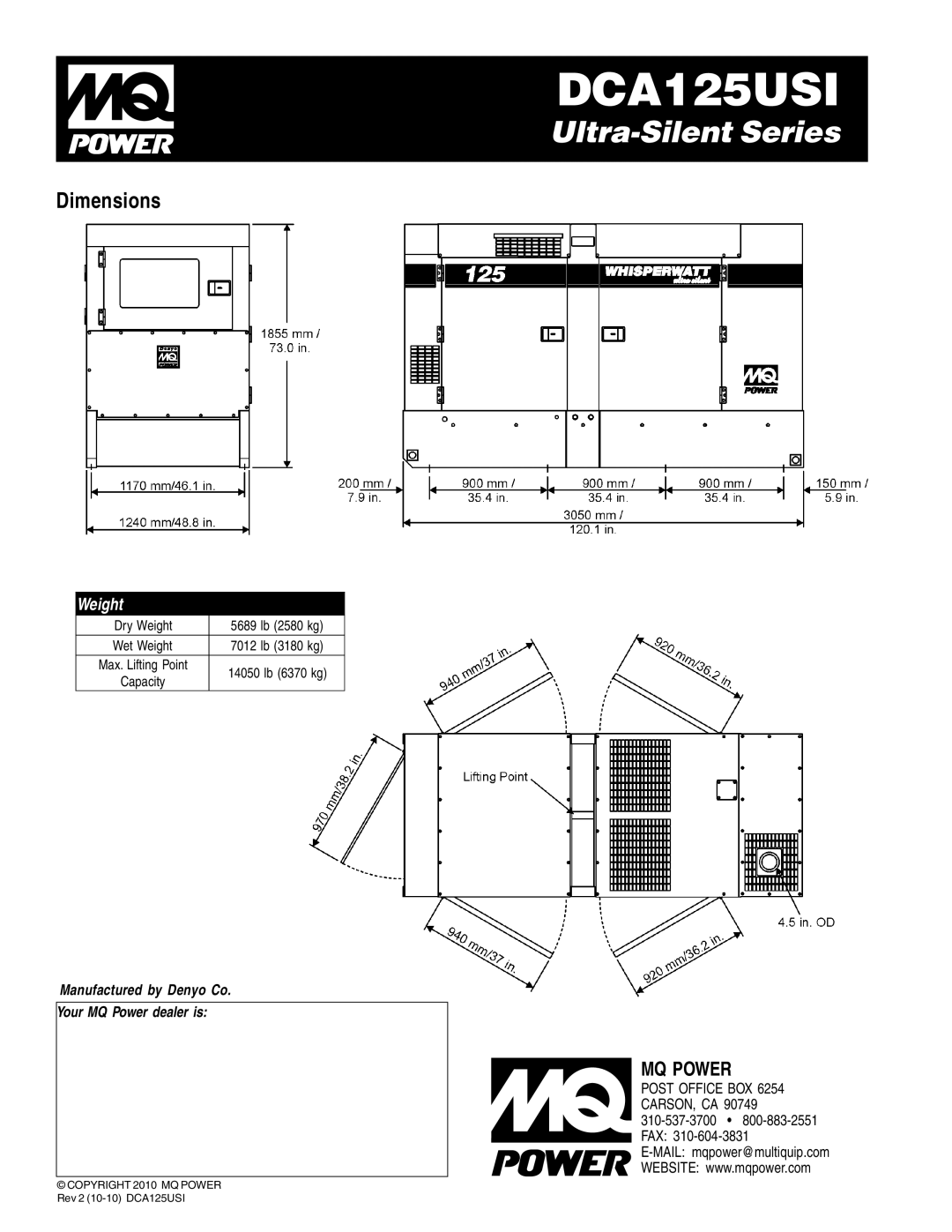 Multiquip DCA125USI manual Dimensions, Weight 