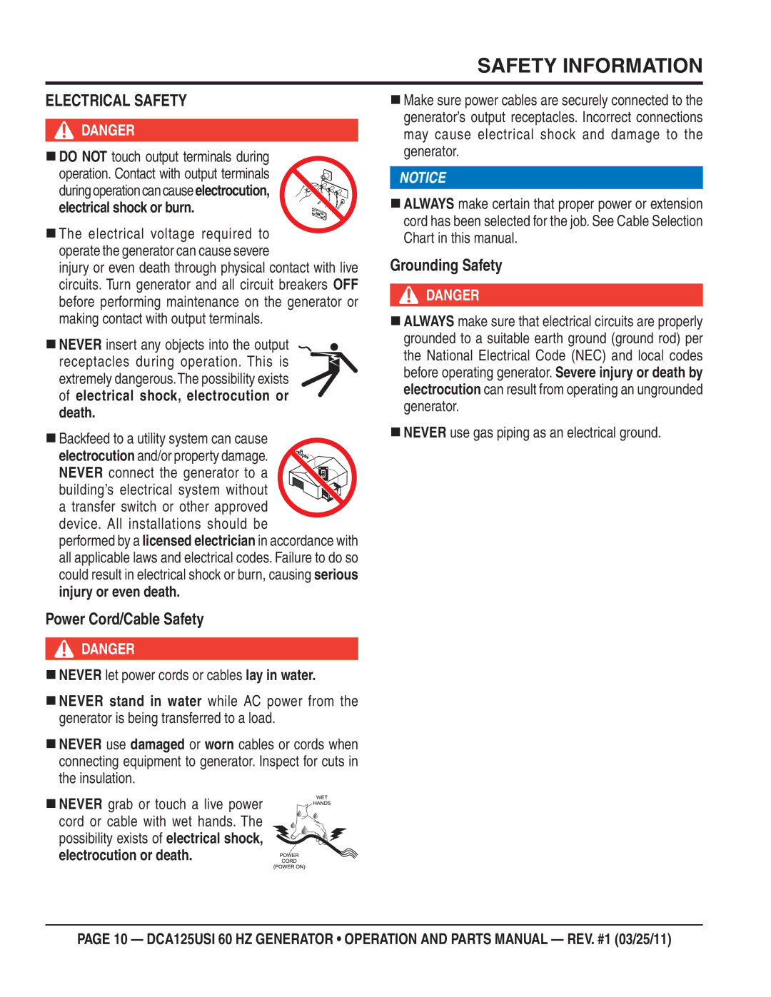 Multiquip DCA125USI Electrical Safety, Device. All installations should be,  Never use gas piping as an electrical ground 