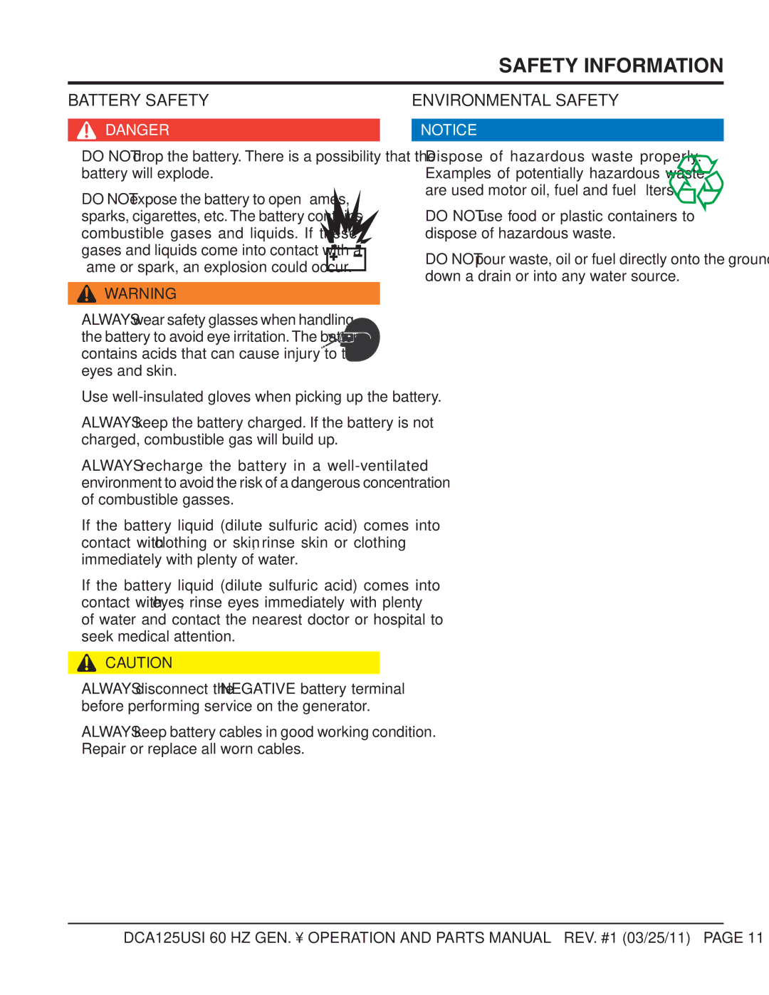 Multiquip DCA125USI manual Battery Safety, Environmental Safety 