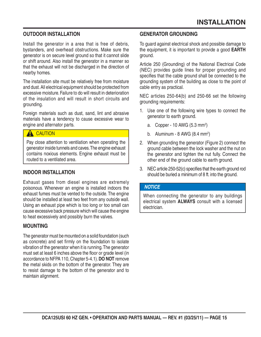 Multiquip DCA125USI manual Outdoor Installation, Indoor Installation, Mounting, Generator Grounding 