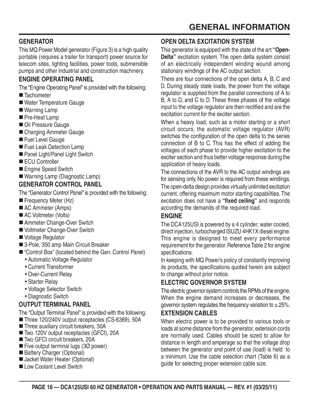 Multiquip DCA125USI manual General Information 