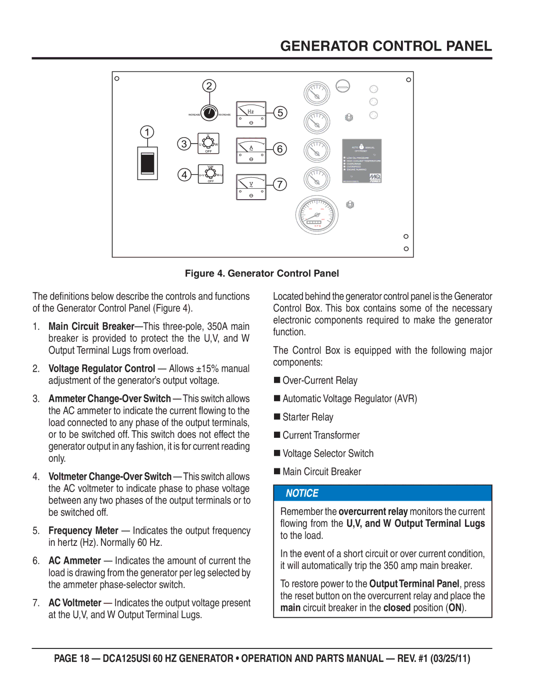 Multiquip DCA125USI manual Generator Control Panel, Owing from the U,V, and W Output Terminal Lugs to the load 