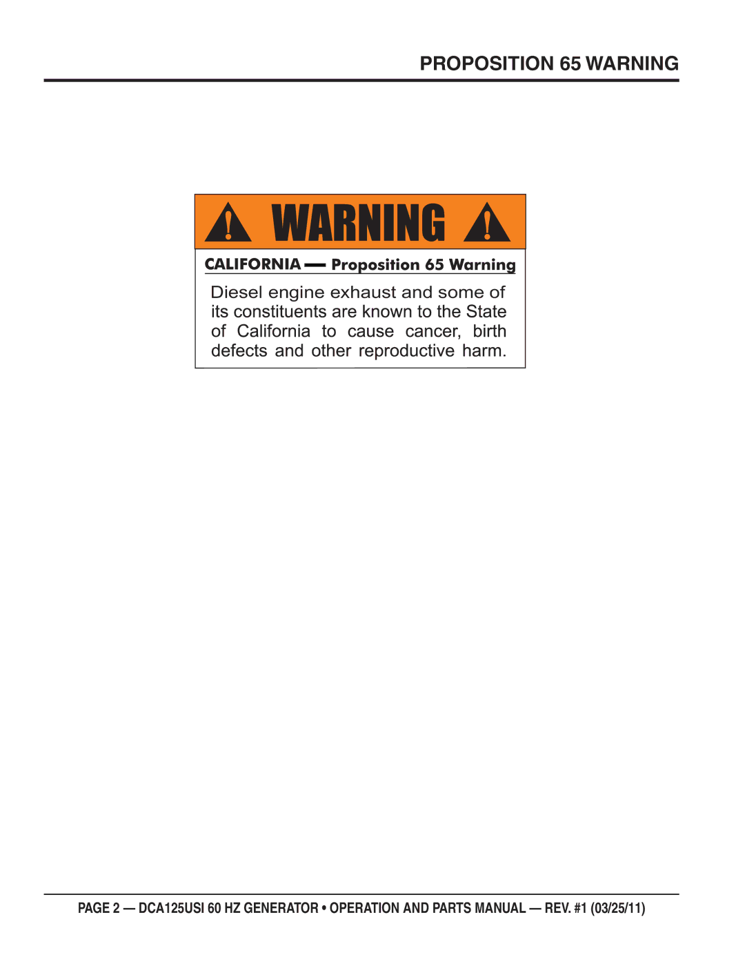 Multiquip DCA125USI manual Proposition 65 Warning 