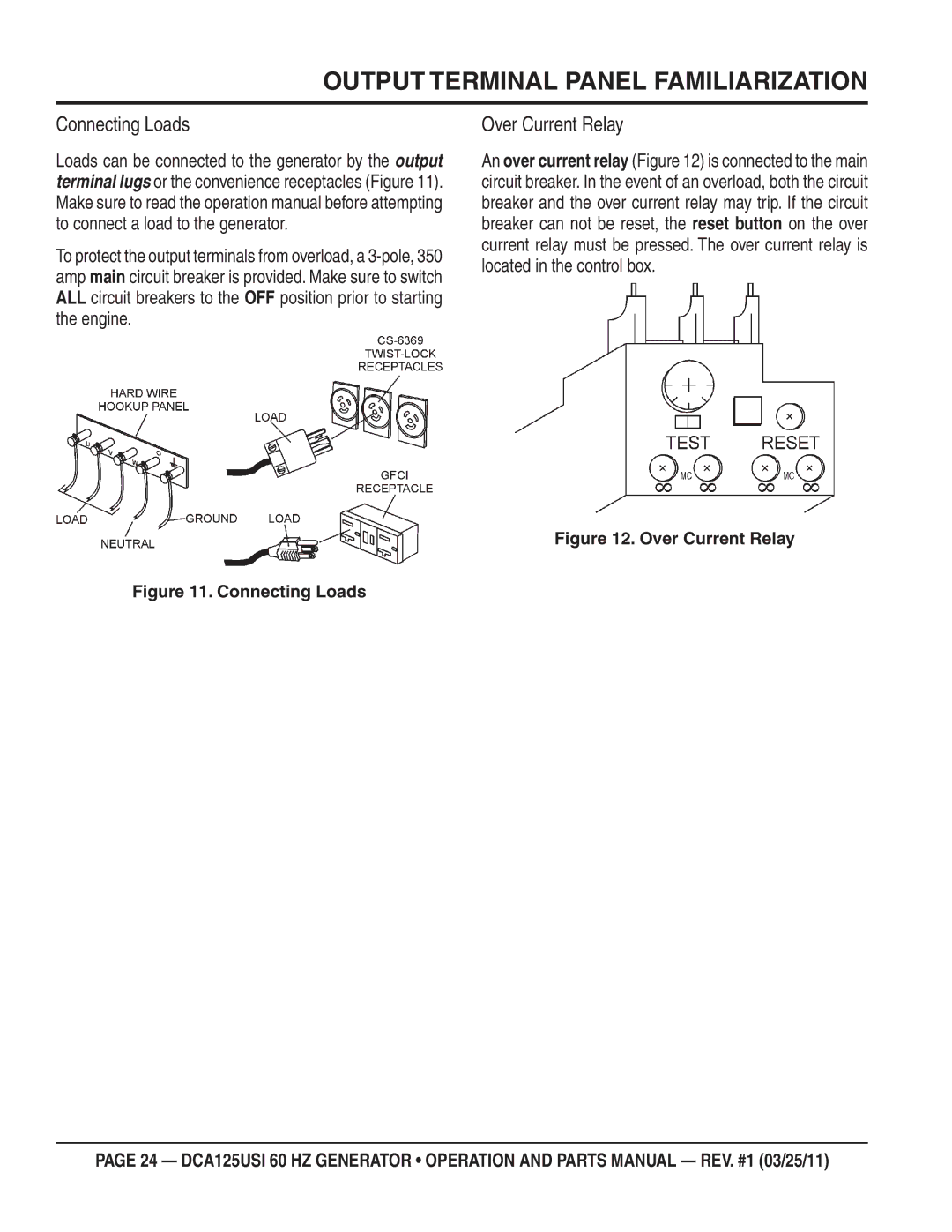 Multiquip DCA125USI manual Connecting Loads, Over Current Relay 