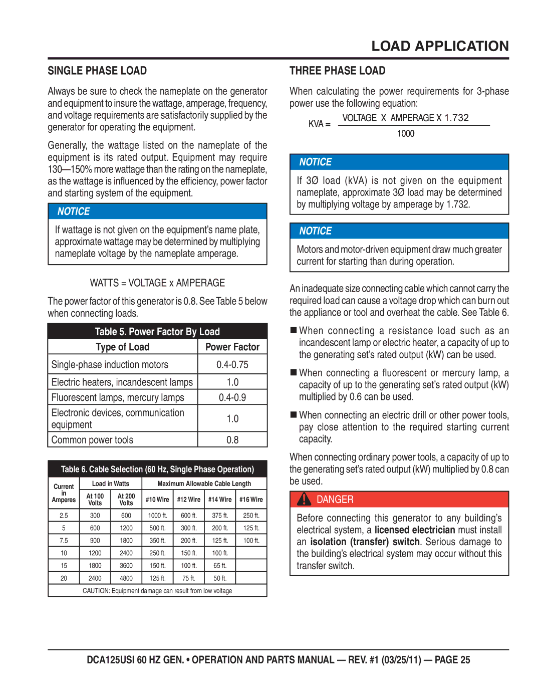 Multiquip DCA125USI manual Load Application, Single Phase Load, Three Phase Load 