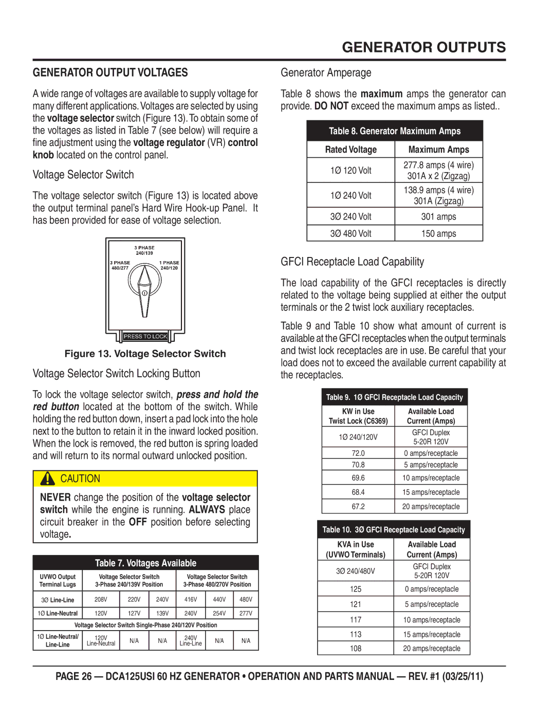 Multiquip DCA125USI manual Generator Outputs, Generator Output Voltages 