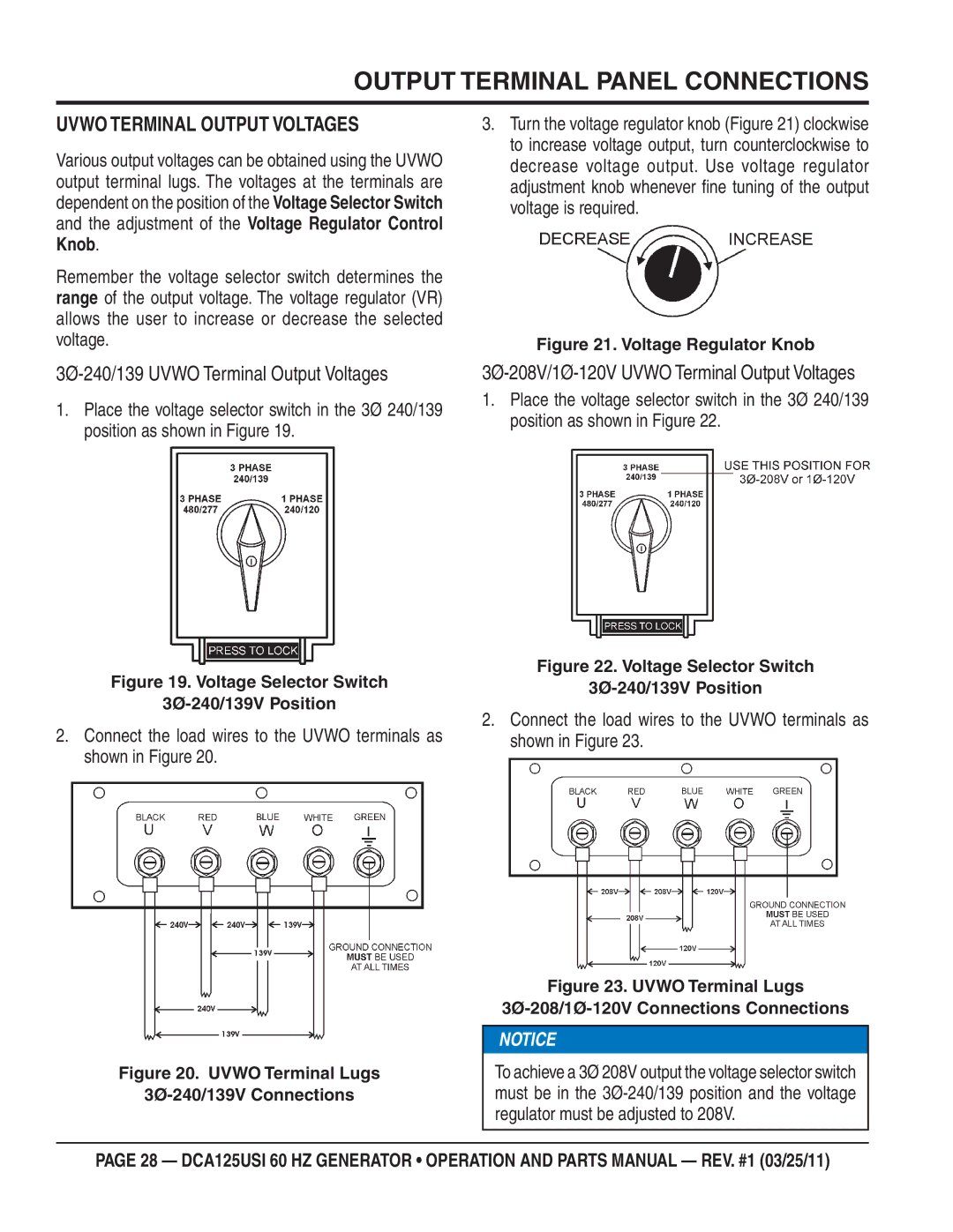 Multiquip DCA125USI manual Output Terminal Panel Connections, Uvwo Terminal Output Voltages 