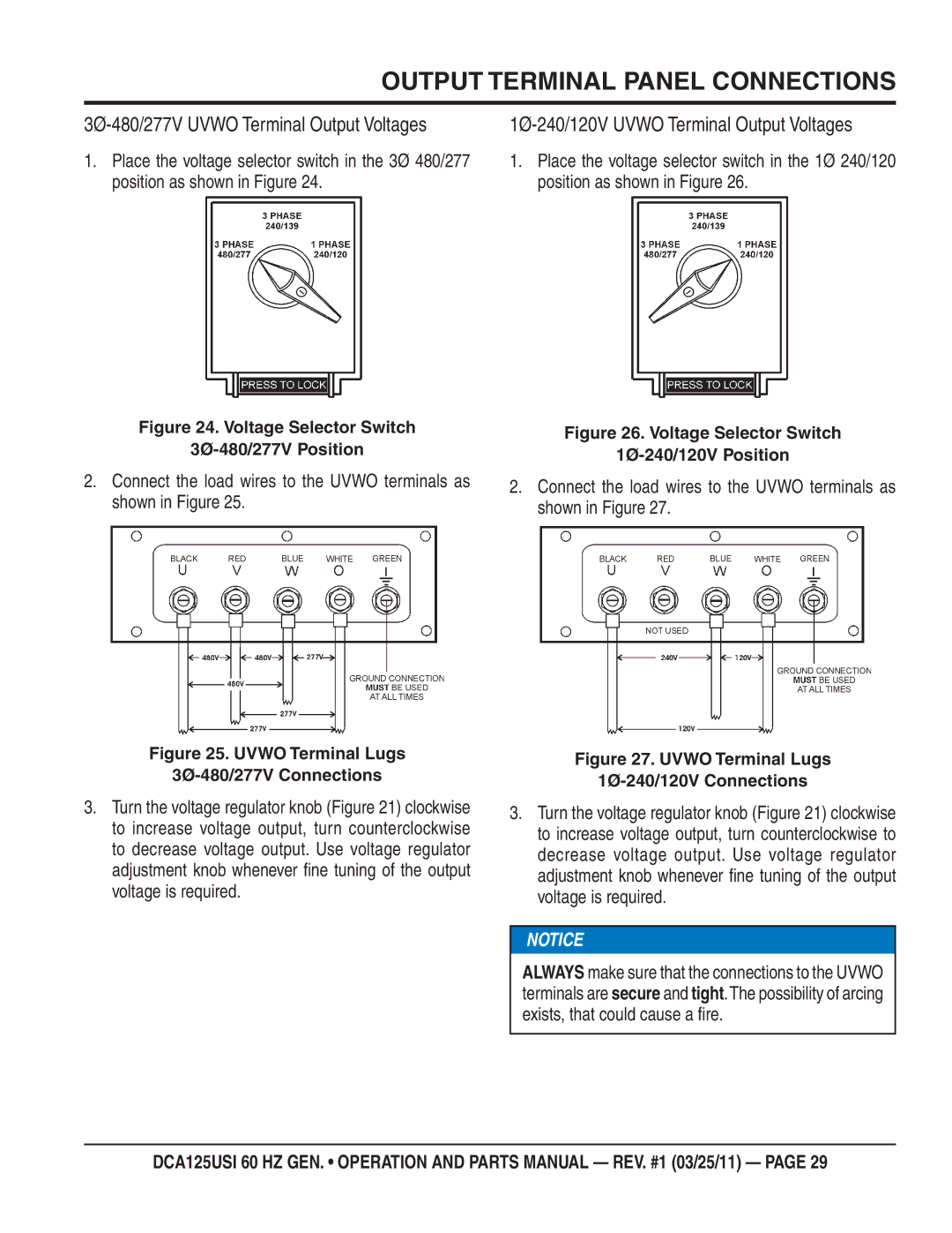 Multiquip DCA125USI manual 3Ø-480/277V Uvwo Terminal Output Voltages, 1Ø-240/120V Uvwo Terminal Output Voltages 