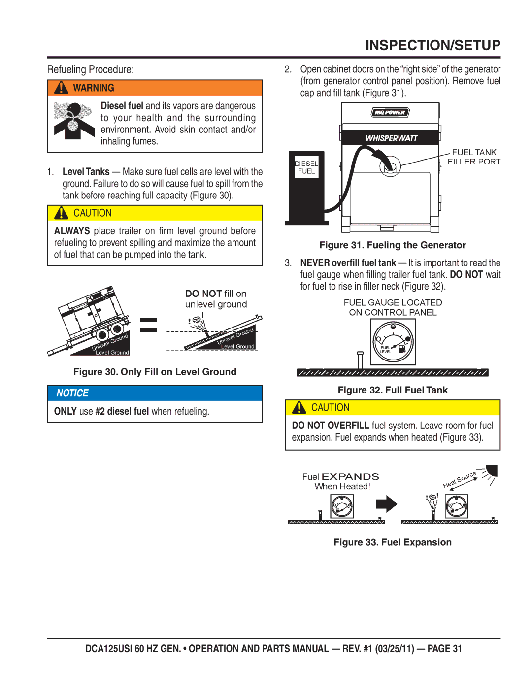 Multiquip DCA125USI manual Refueling Procedure, Only use #2 diesel fuel when refueling 