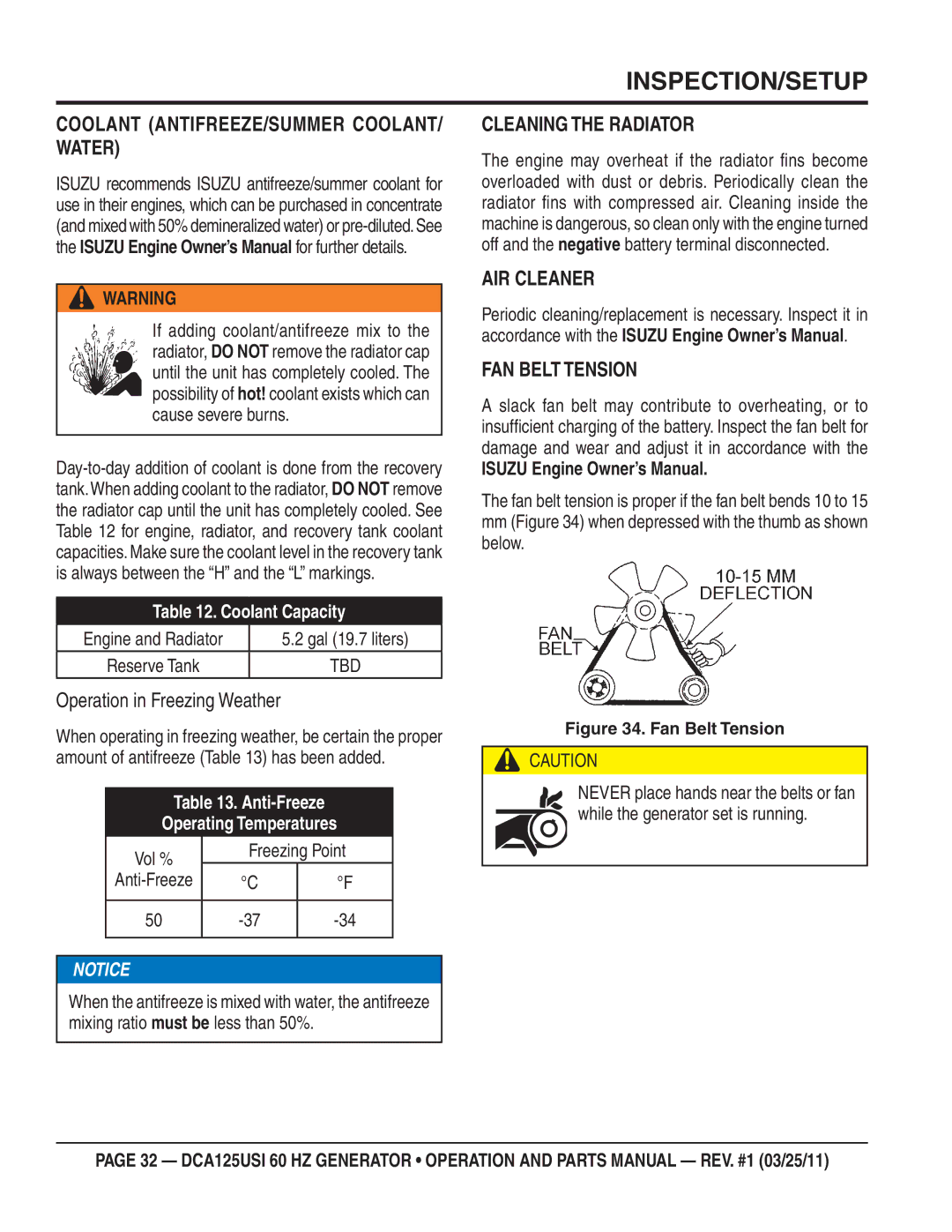 Multiquip DCA125USI manual Coolant ANTIFREEZE/SUMMER COOLANT/ Water, Operation in Freezing Weather, Cleaning the Radiator 