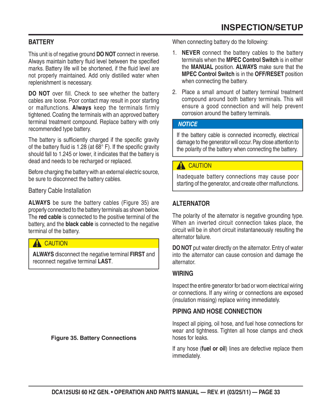 Multiquip DCA125USI manual Battery Cable Installation, Alternator, Wiring, Piping and Hose Connection 