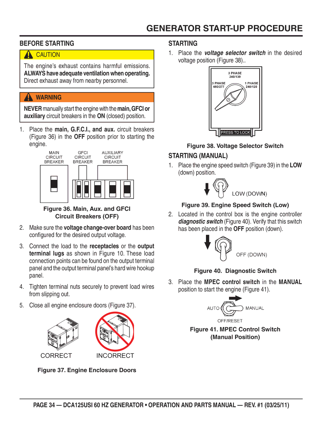 Multiquip DCA125USI manual Generator START-UP Procedure, Before Starting, Starting Manual 