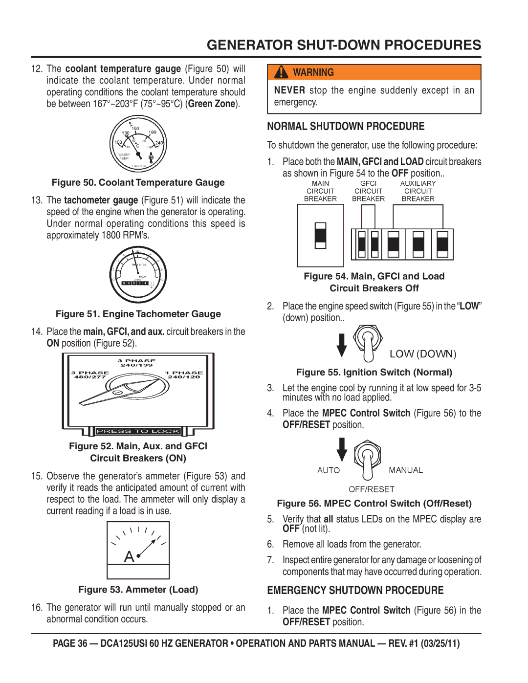 Multiquip DCA125USI manual Generator SHUT-DOWN Procedures, Normal Shutdown Procedure, Emergency Shutdown Procedure 