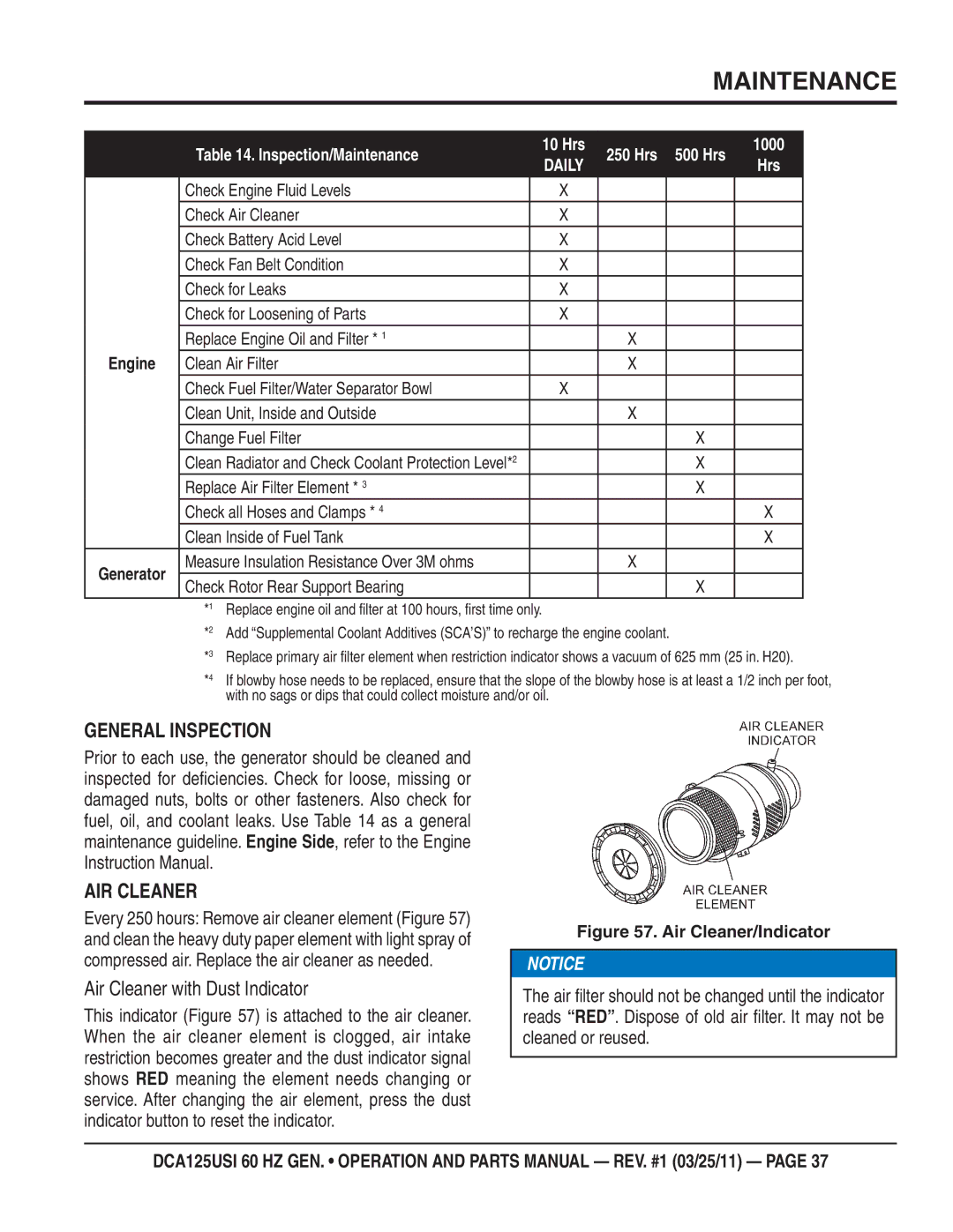 Multiquip DCA125USI manual Maintenance, General Inspection AIR Cleaner, Air Cleaner with Dust Indicator 