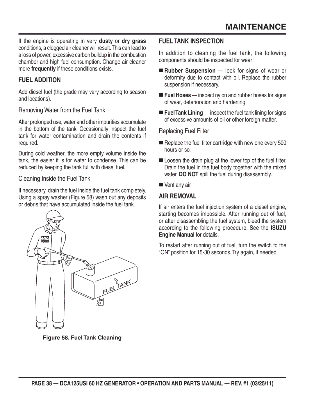 Multiquip DCA125USI manual Fuel Addition, Fuel Tank Inspection, AIR Removal 