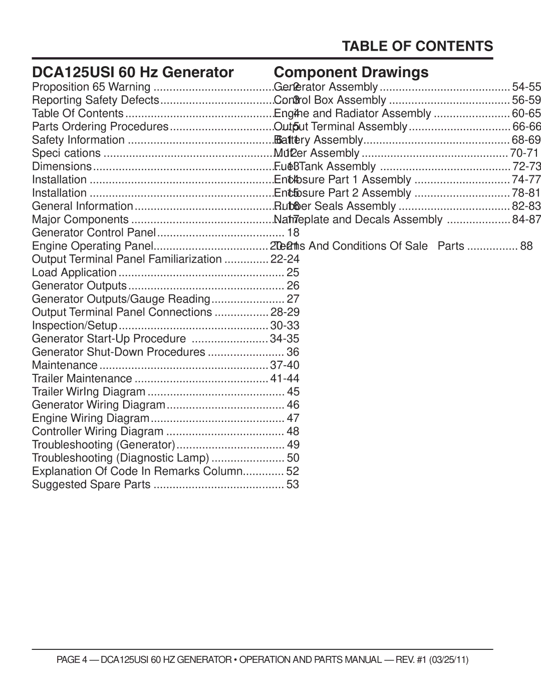 Multiquip manual DCA125USI 60 Hz Generator, Table of Contents 