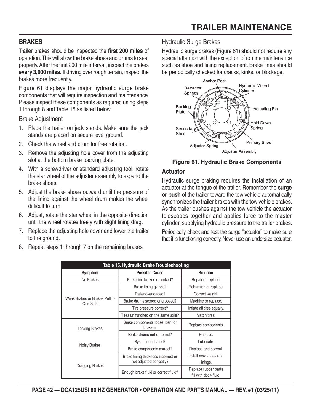 Multiquip DCA125USI manual Brake Adjustment, Hydraulic Surge Brakes, Through 8 and as listed below 