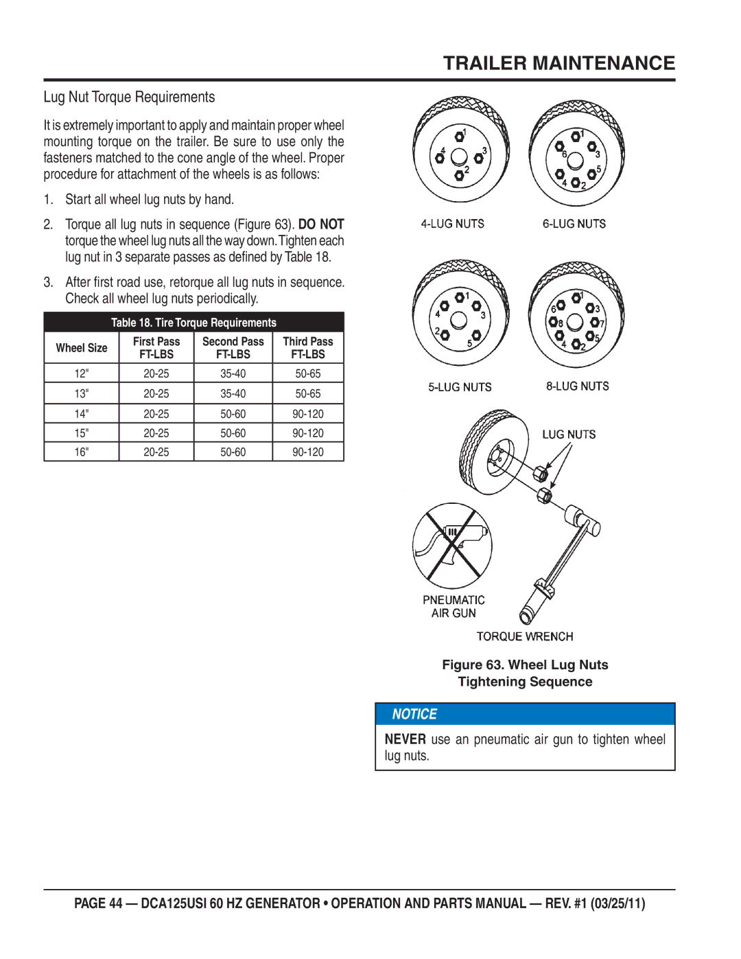 Multiquip DCA125USI manual Lug Nut Torque Requirements, Start all wheel lug nuts by hand 