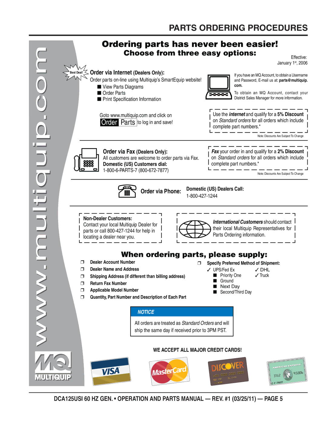 Multiquip DCA125USI manual Parts Ordering Procedures, Ordering parts has never been easier 