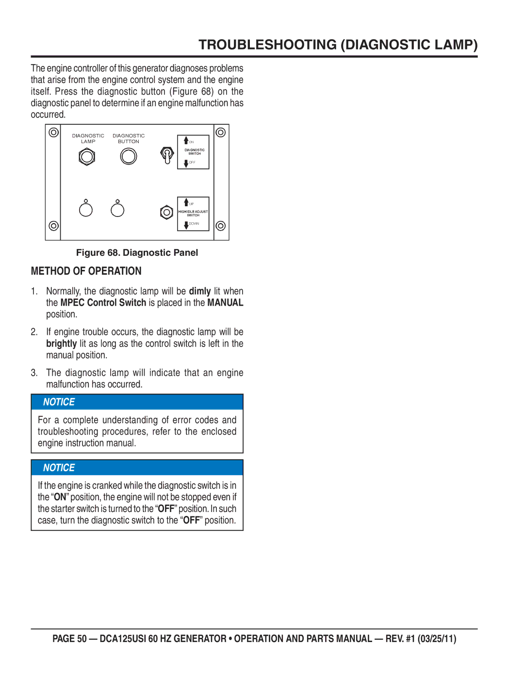 Multiquip DCA125USI manual Troubleshooting Diagnostic Lamp, Method of Operation 