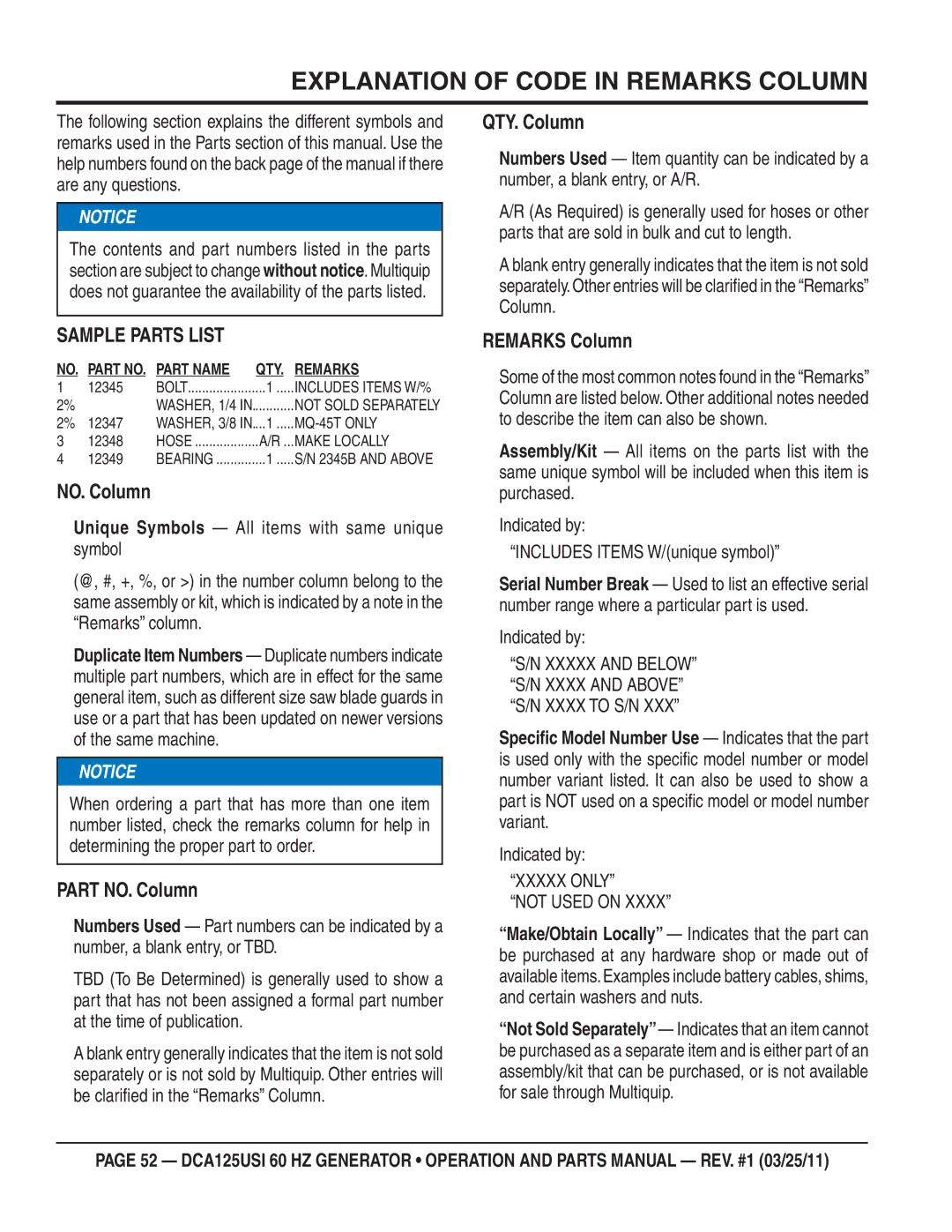 Multiquip DCA125USI manual Explanation of Code in Remarks Column, Sample Parts List, Xxxxx only Not Used on 