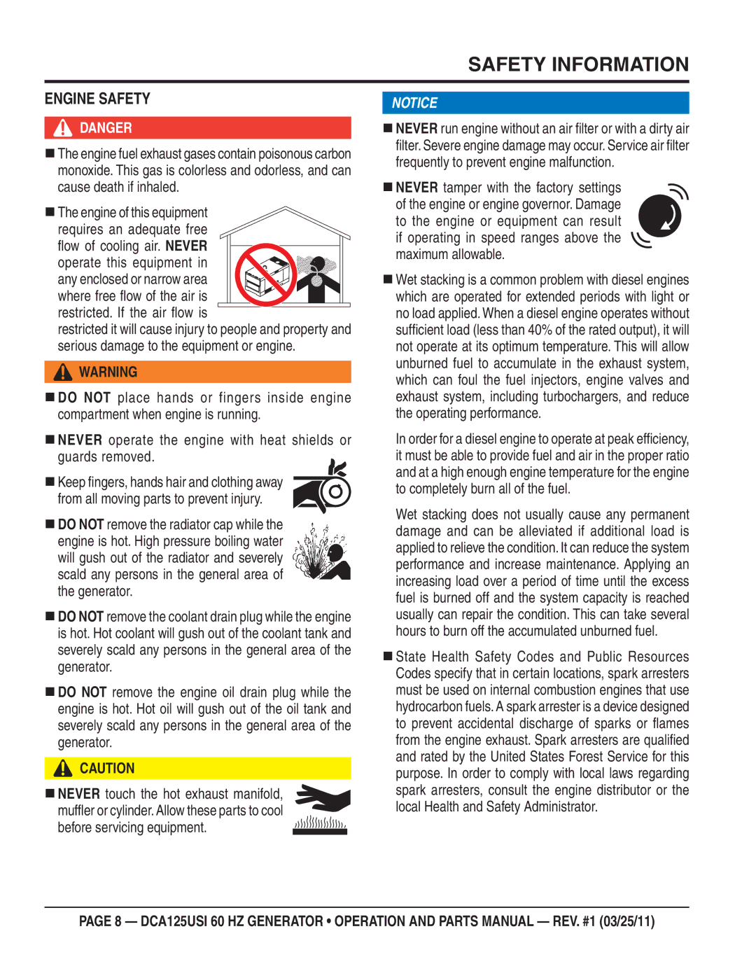 Multiquip DCA125USI manual Engine Safety, Before servicing equipment 