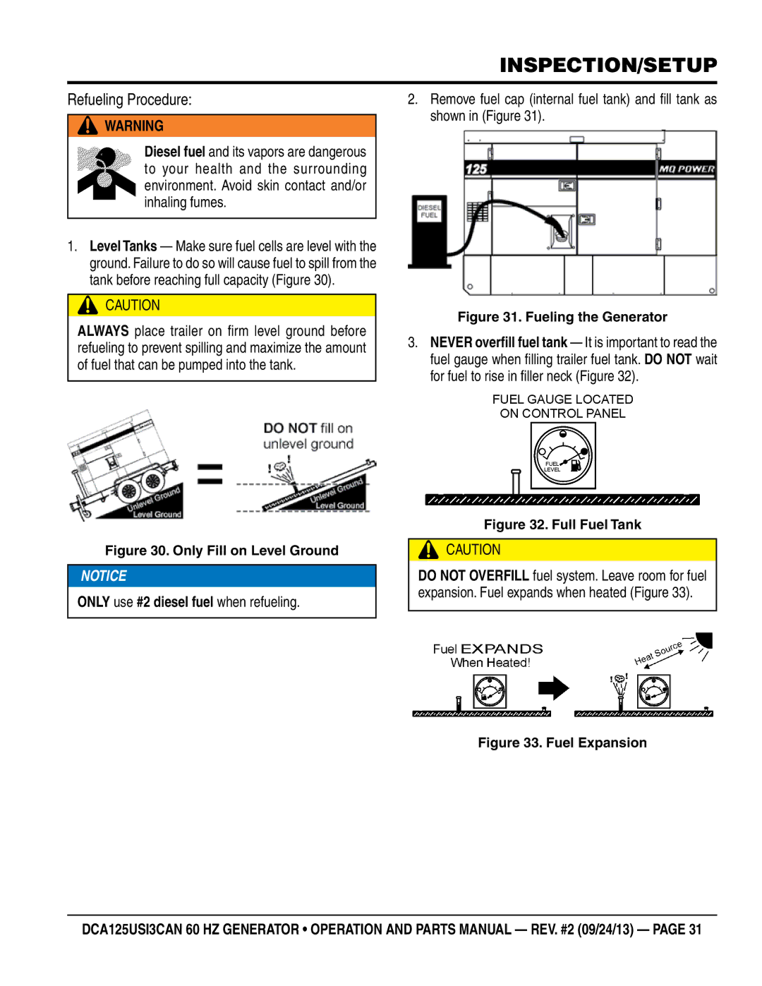 Multiquip DCA125USI3CAN manual Refueling Procedure, Only use #2 diesel fuel when refueling 