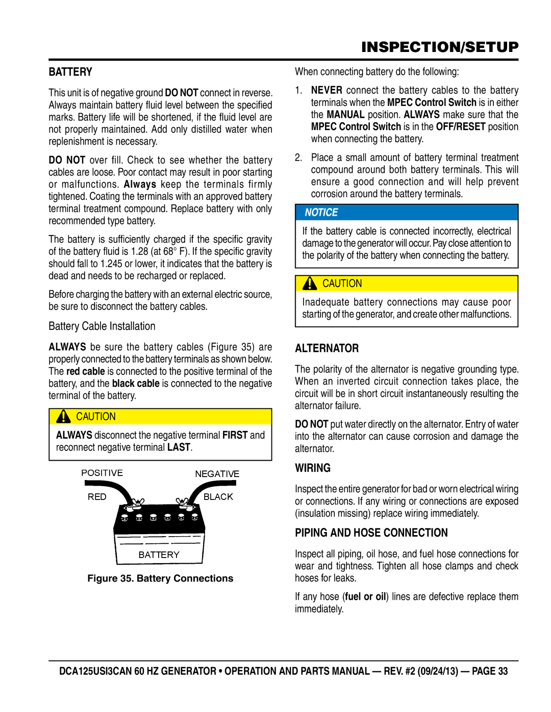 Multiquip DCA125USI3CAN manual Battery Cable Installation, Alternator, Wiring, Piping and Hose Connection 