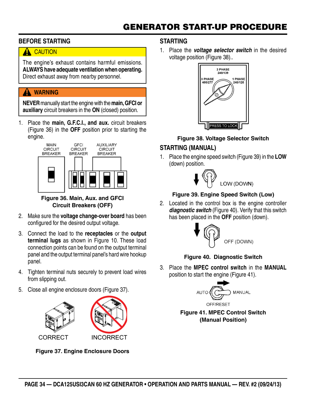 Multiquip DCA125USI3CAN manual Before Starting, Starting Manual, Engine’s exhaust contains harmful emissions 