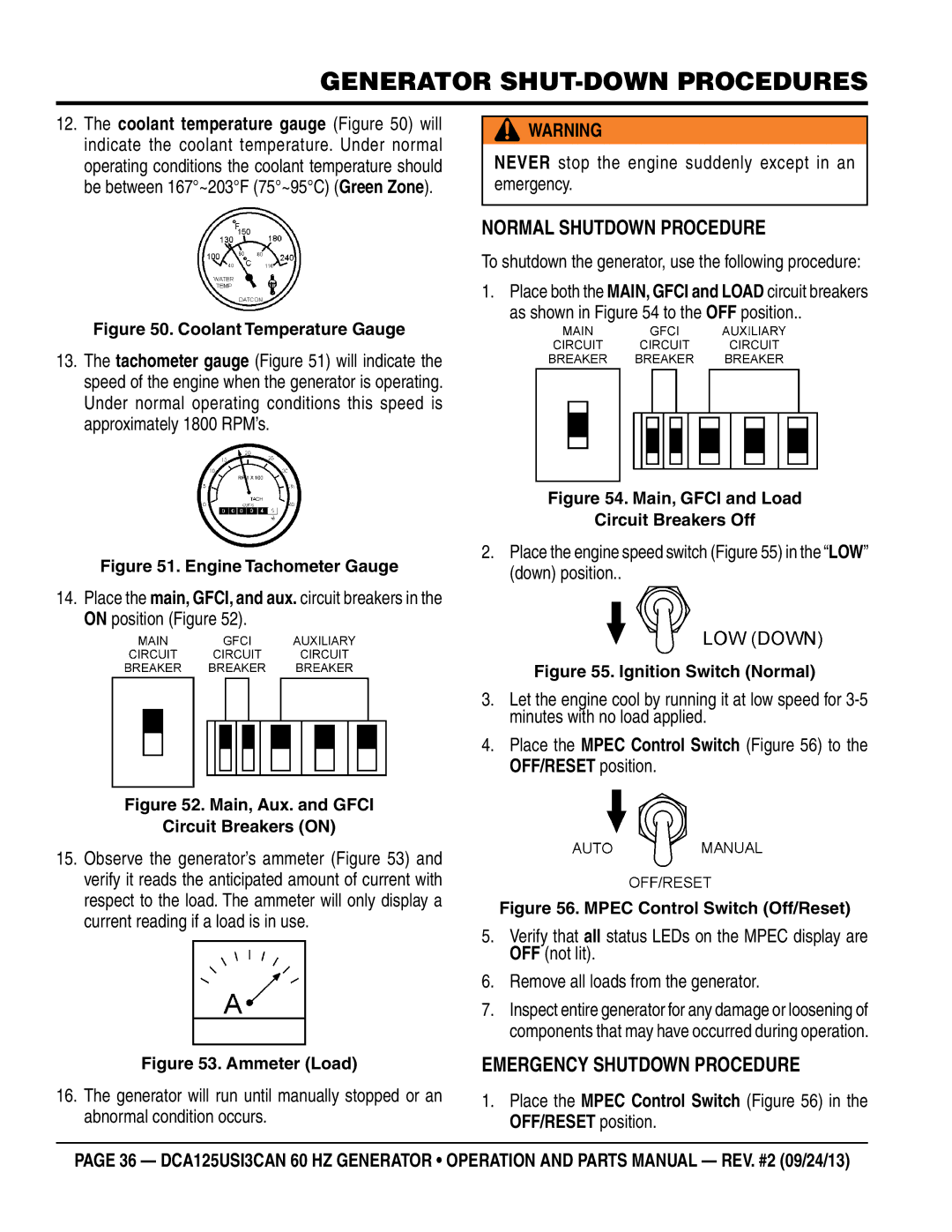 Multiquip DCA125USI3CAN manual Normal Shutdown Procedure, Emergency Shutdown Procedure, OFF/RESET position 