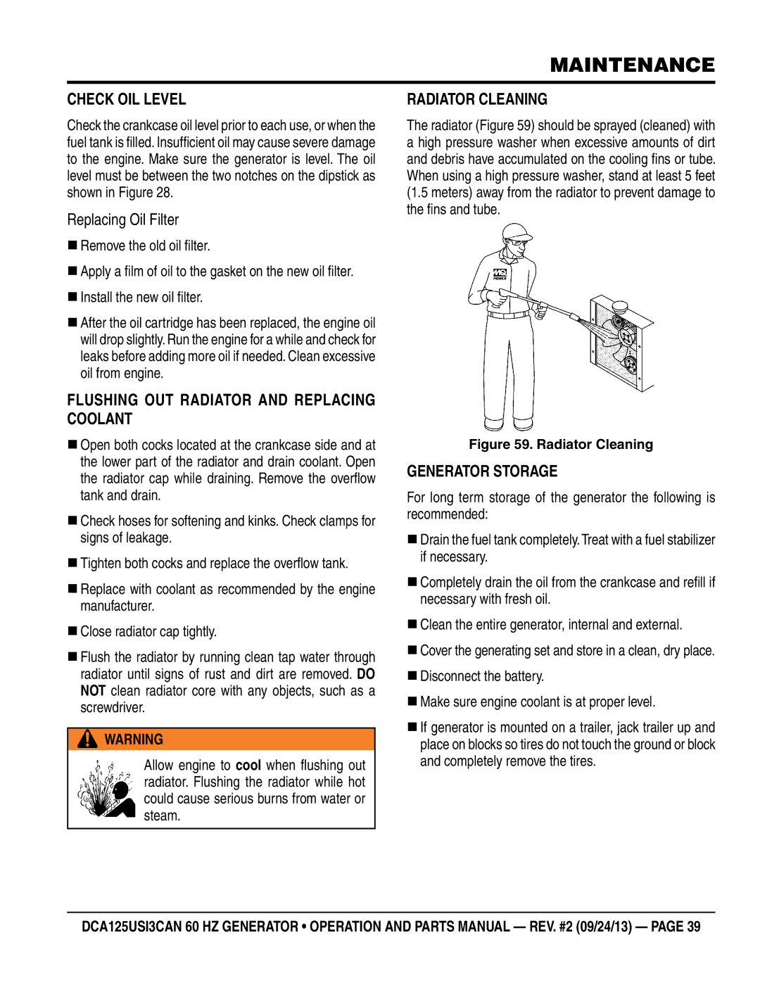 Multiquip DCA125USI3CAN manual Check Oil Level, Replacing Oil Filter, Flushing Out Radiator and Replacing Coolant 