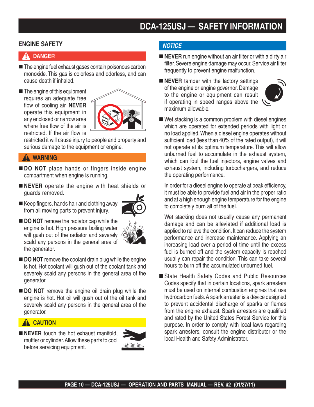 Multiquip DCA125USJ operation manual Before servicing equipment, If operating in speed ranges above the maximum allowable 