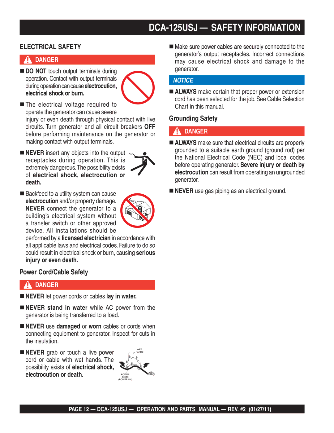 Multiquip DCA125USJ operation manual Device. All installations should be, „ Never use gas piping as an electrical ground 