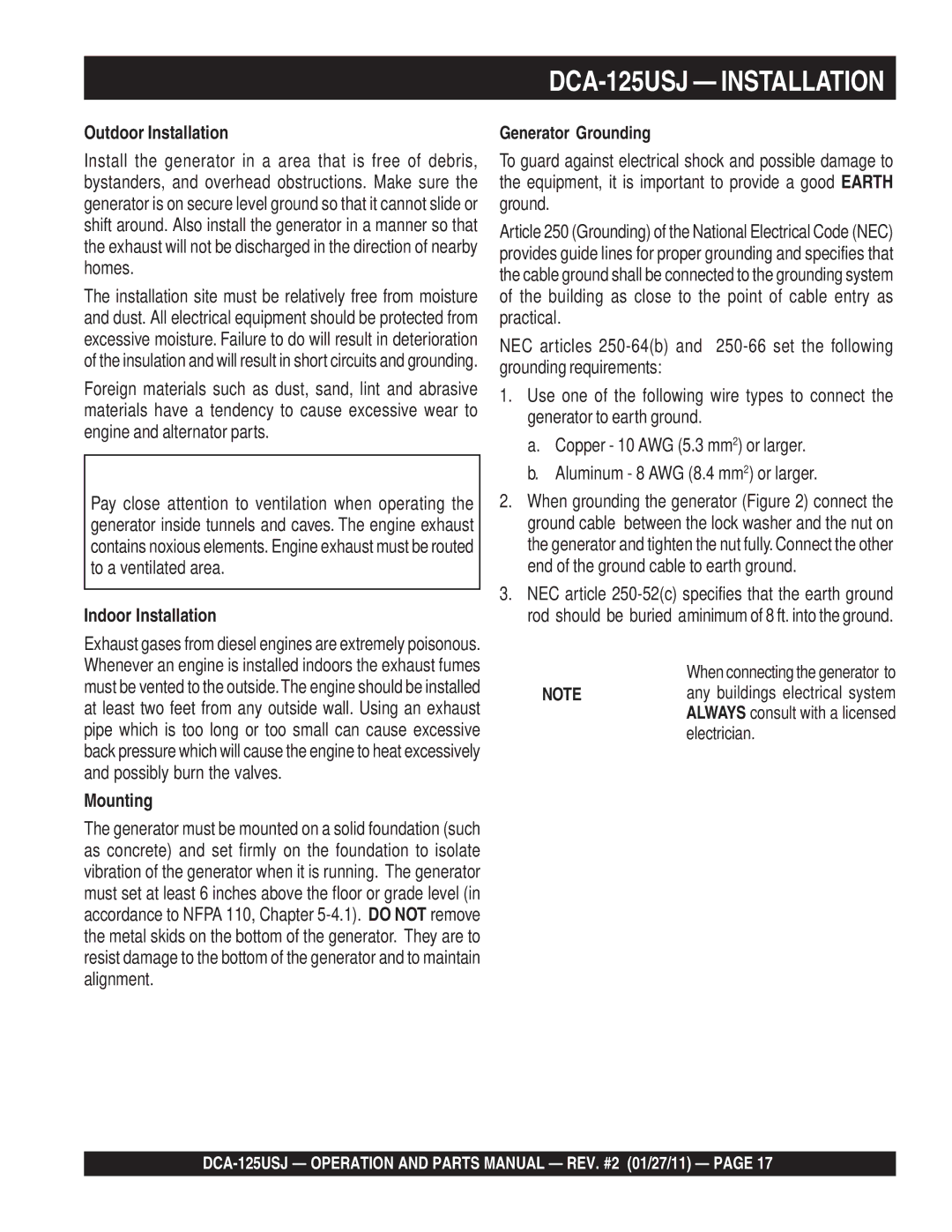 Multiquip DCA125USJ operation manual DCA-125USJ Installation, Outdoor Installation, Indoor Installation, Mounting 