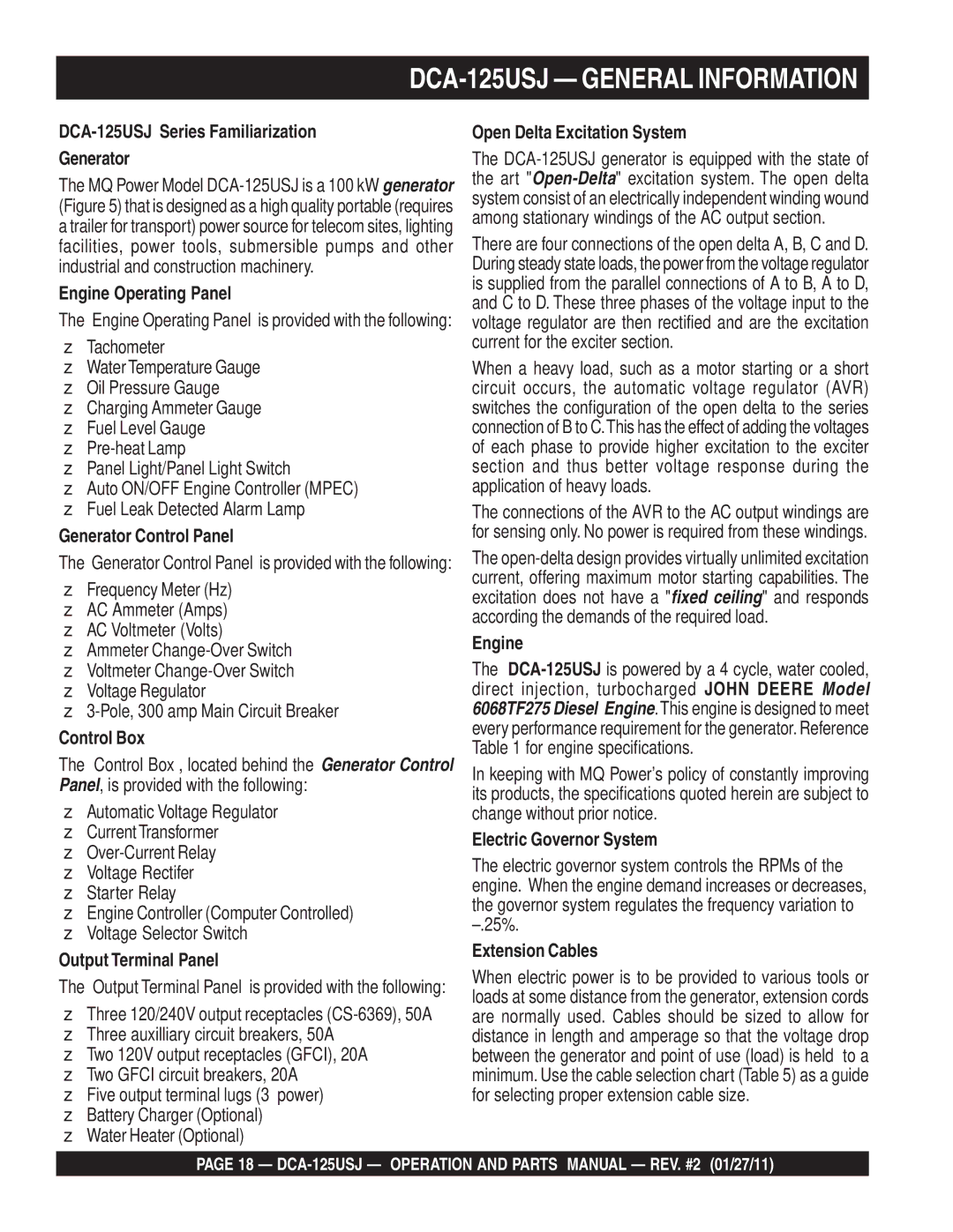 Multiquip DCA125USJ DCA-125USJ Series Familiarization Generator, Engine Operating Panel, Generator Control Panel 
