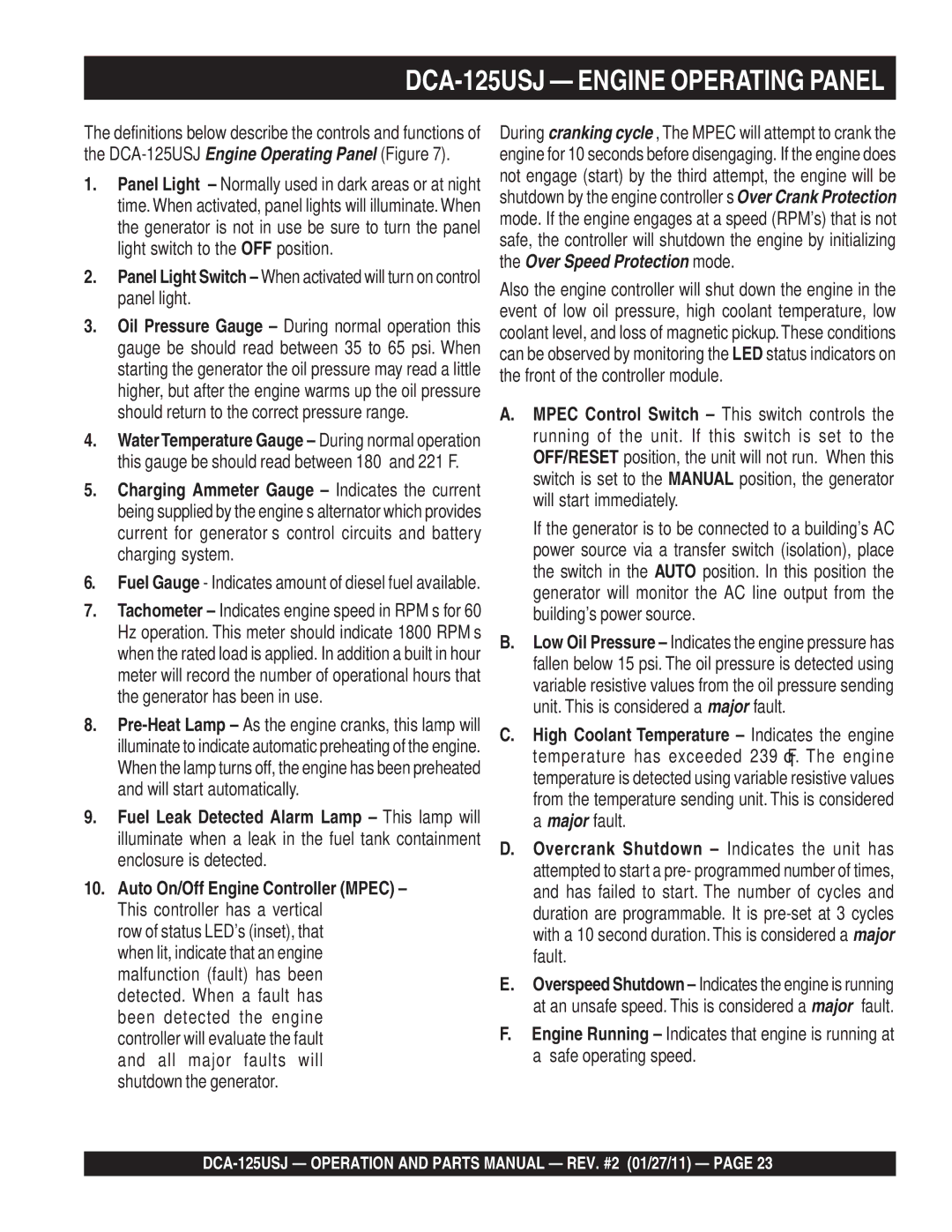 Multiquip DCA125USJ operation manual DCA-125USJ Engine Operating Panel 