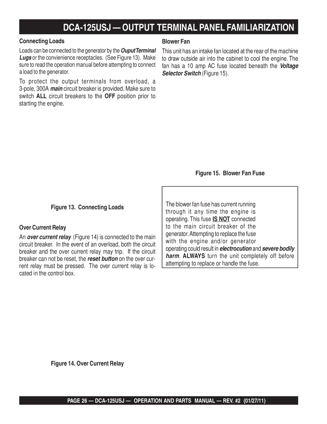 Multiquip DCA125USJ operation manual Connecting Loads, Blower Fan 