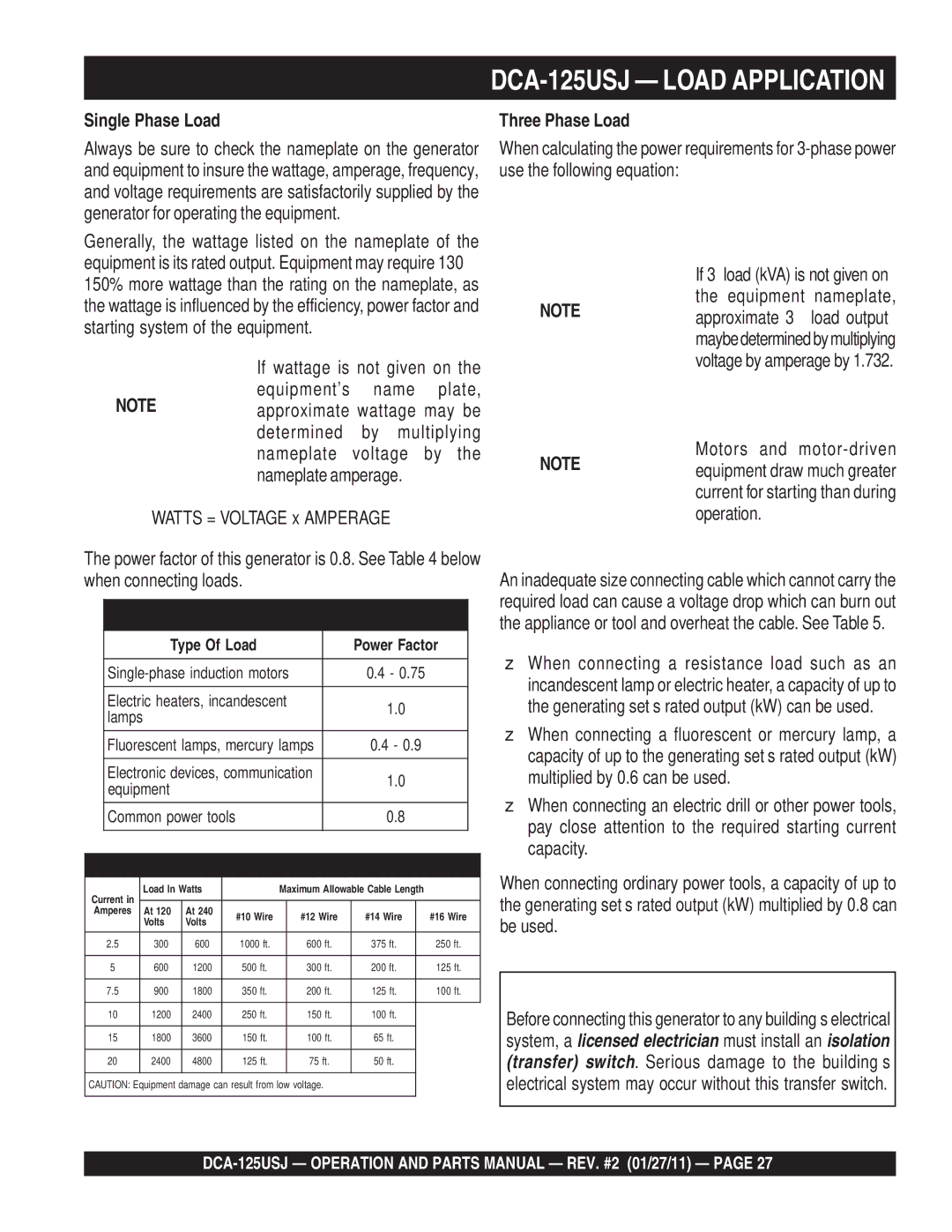 Multiquip DCA125USJ DCA-125USJ Load Application, Single Phase Load, Three Phase Load, Motors and motor-driven 