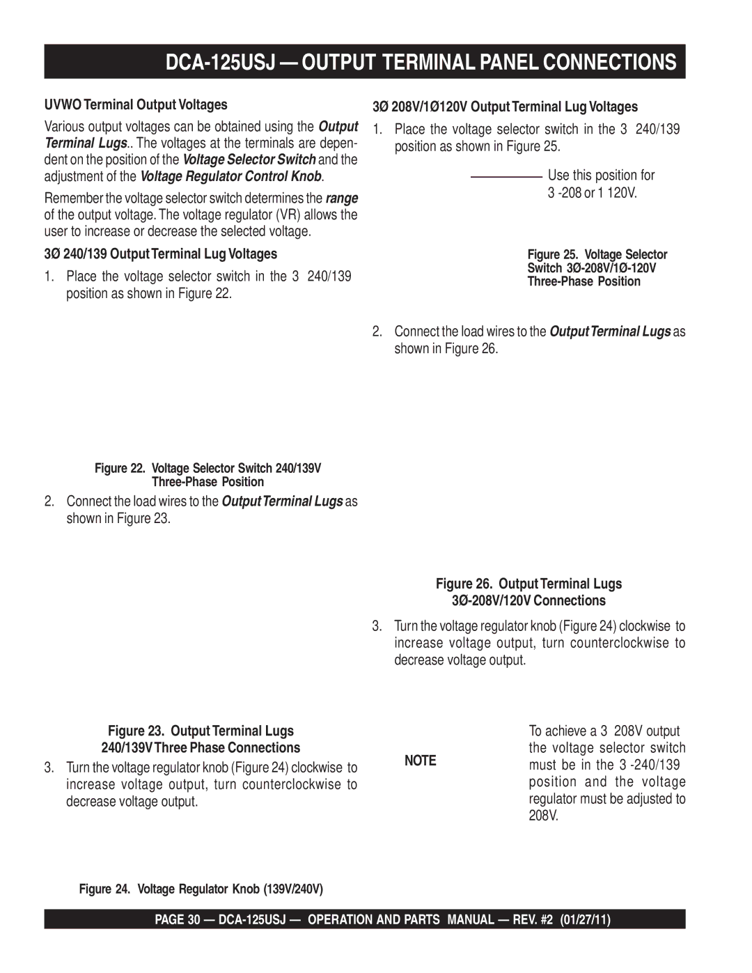 Multiquip DCA125USJ operation manual DCA-125USJ Output Terminal Panel Connections, Uvwo Terminal Output Voltages, 208V 