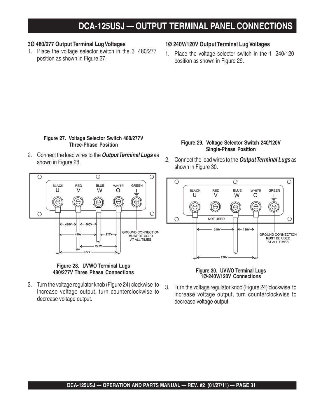 Multiquip DCA125USJ operation manual 3Ø 480/277 Output Terminal Lug Voltages, 1Ø 240V/120V Output Terminal Lug Voltages 