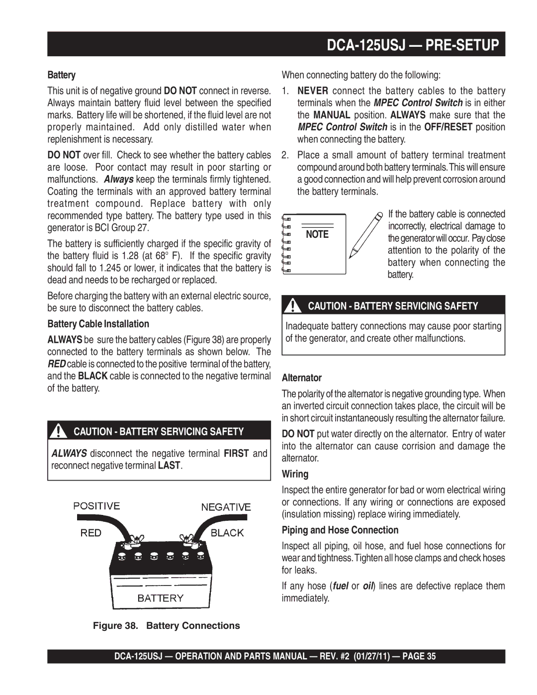 Multiquip DCA125USJ operation manual Battery Cable Installation, Alternator, Wiring, Piping and Hose Connection 