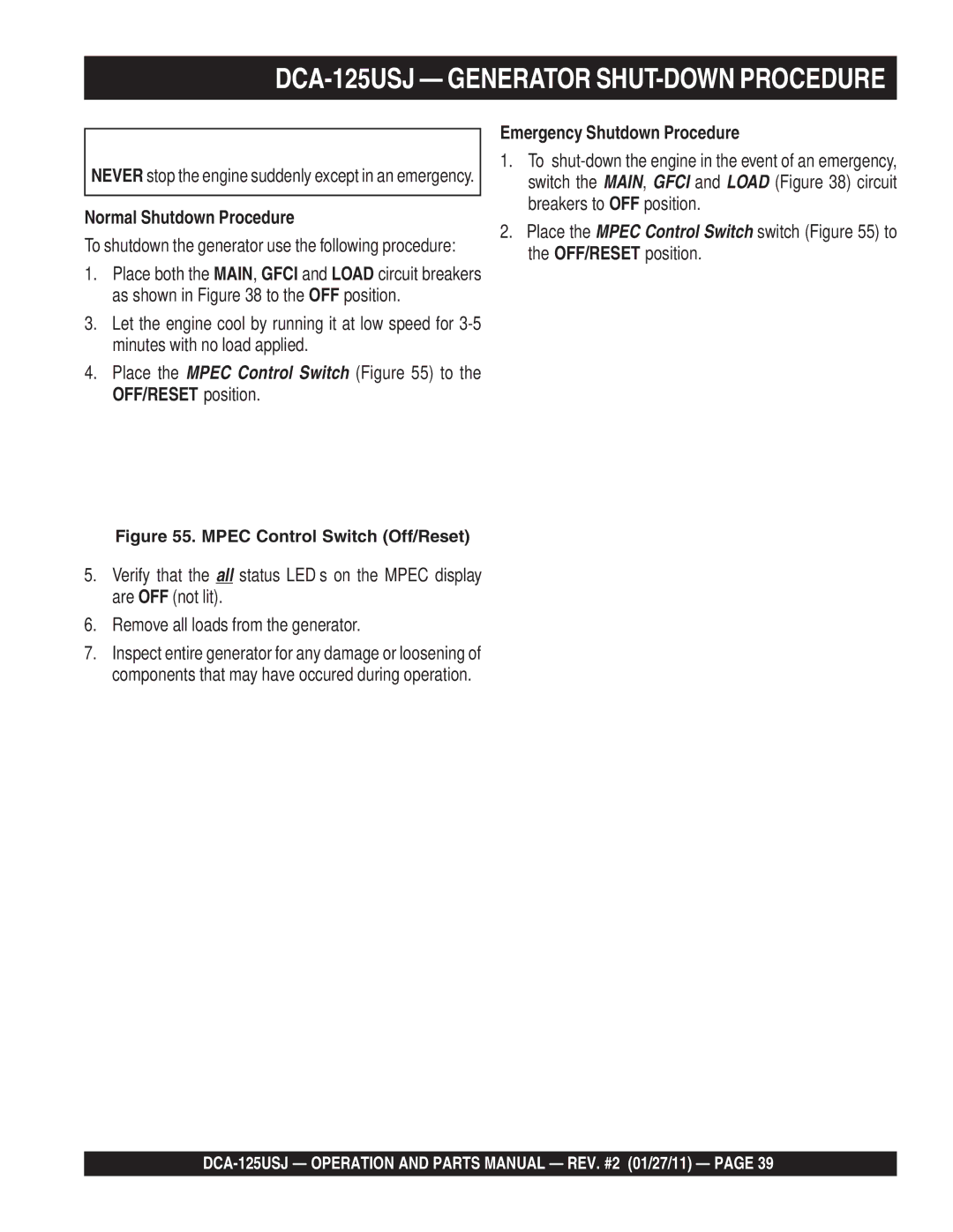 Multiquip DCA125USJ operation manual Normal Shutdown Procedure, Emergency Shutdown Procedure 