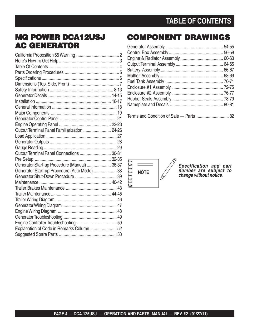 Multiquip DCA125USJ operation manual Table of Contents 