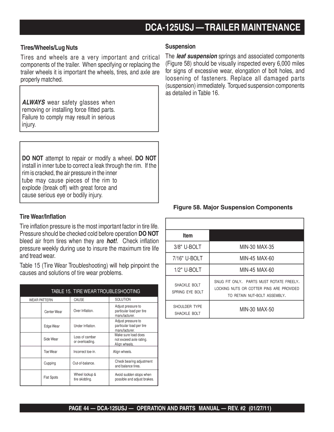 Multiquip DCA125USJ operation manual Tires/Wheels/Lug Nuts, Suspension, Tire Wear/Inflation 