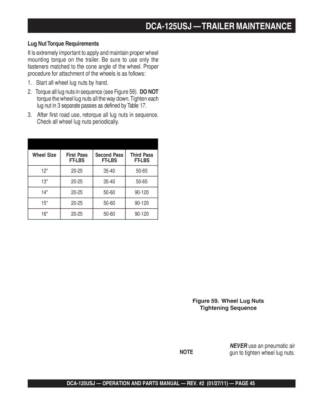 Multiquip DCA125USJ DCA-125USJ -TRAILER Maintenance, Lug Nut Torque Requirements, Start all wheel lug nuts by hand 