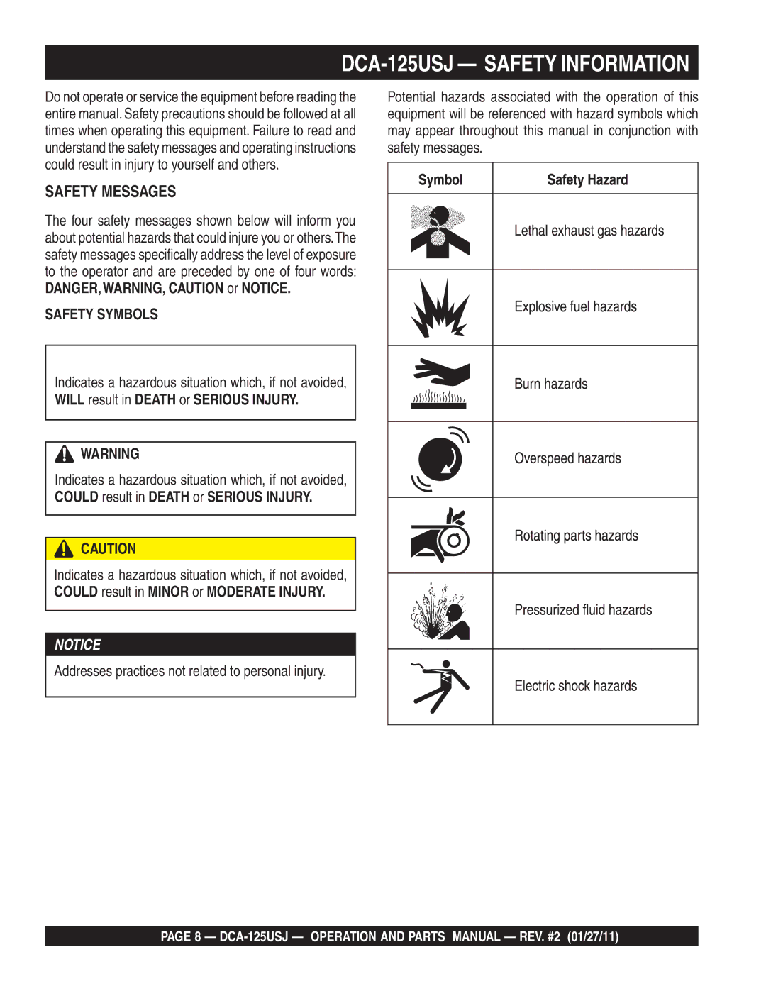 Multiquip DCA125USJ operation manual DCA-125USJ Safety Information, Safety Messages 