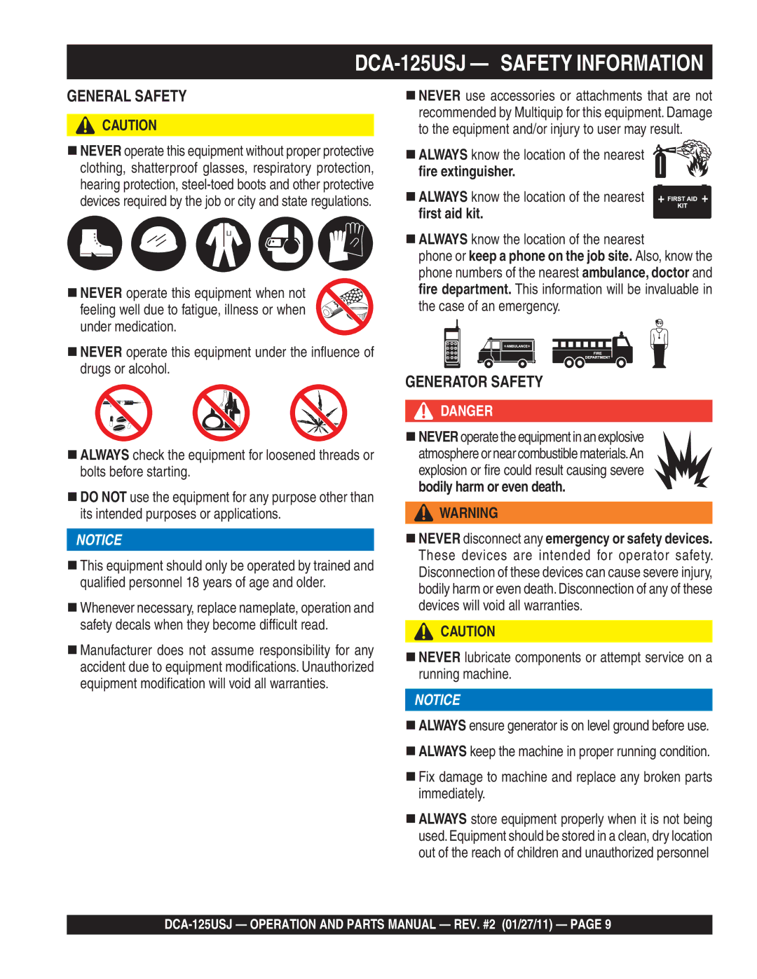 Multiquip DCA125USJ DCA-125USJ Safety Information, „ Always know the location of the nearest, ﬁre extinguisher 