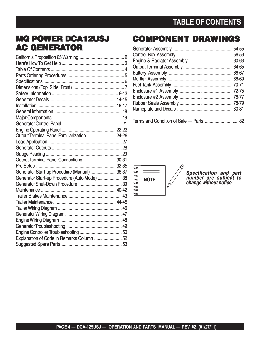 Multiquip DCA125USJ Table Of Contents, Specification and part, NOTEnumber are subject to change without notice 